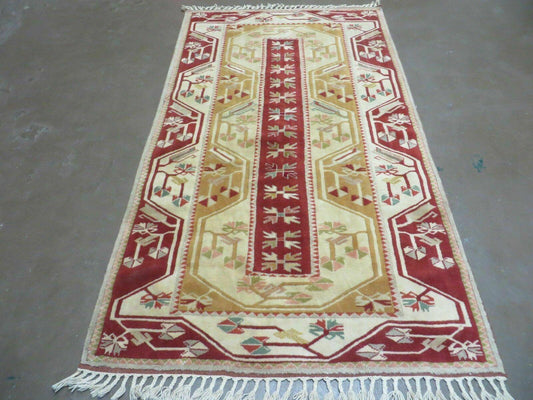 Vintage Turkish Kazak Wool Rug 4x6 Handmade Knotted Carpet Milas Origin