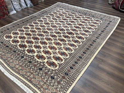 Pakistani Bokhara Rug 8x10 Vintage Handmade Turkoman Carpet With Elephant Foot Motif Ivory Cream Black Red
