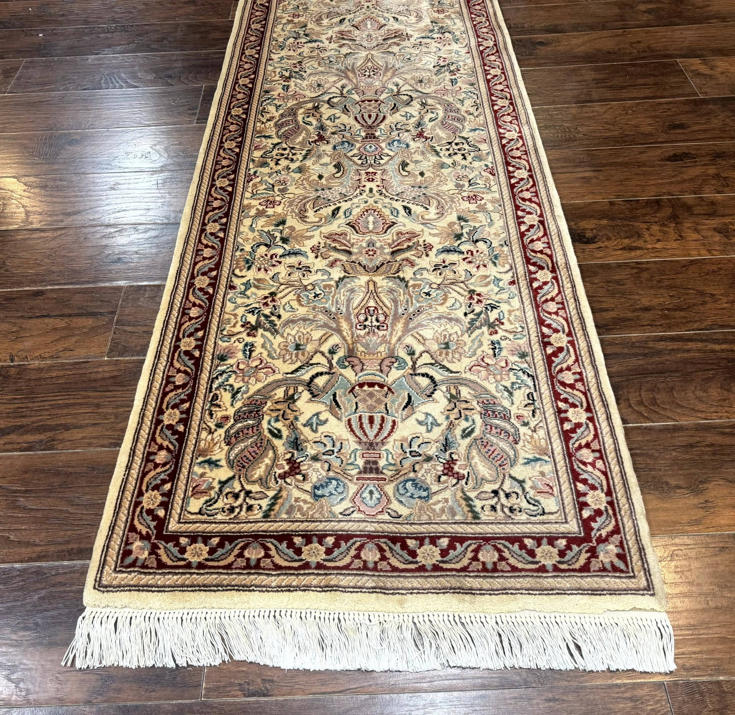 Pakistani Runner Rug 2.8 x 14 Handmade Wool Cream Floral Hallway Accent