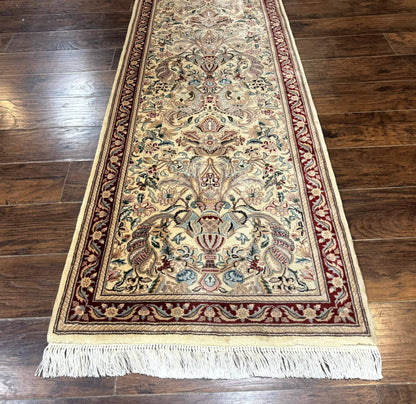 Pakistani Runner Rug 2.8 x 14 Handmade Wool Cream Floral Hallway Accent
