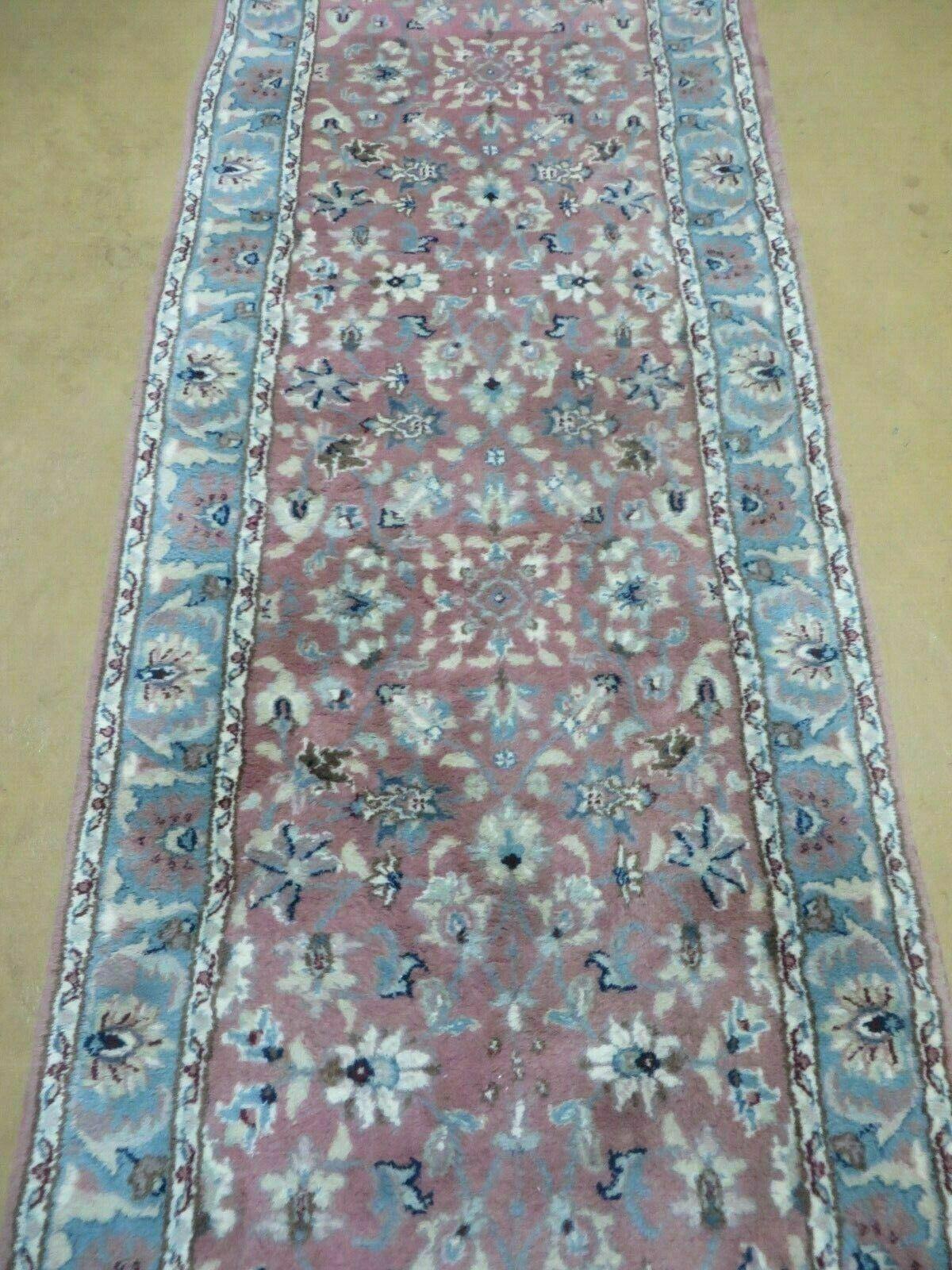 Indian Floral Wool Runner Rug Vintage Handcrafted 2 Ft 8 Inches By 12 Ft