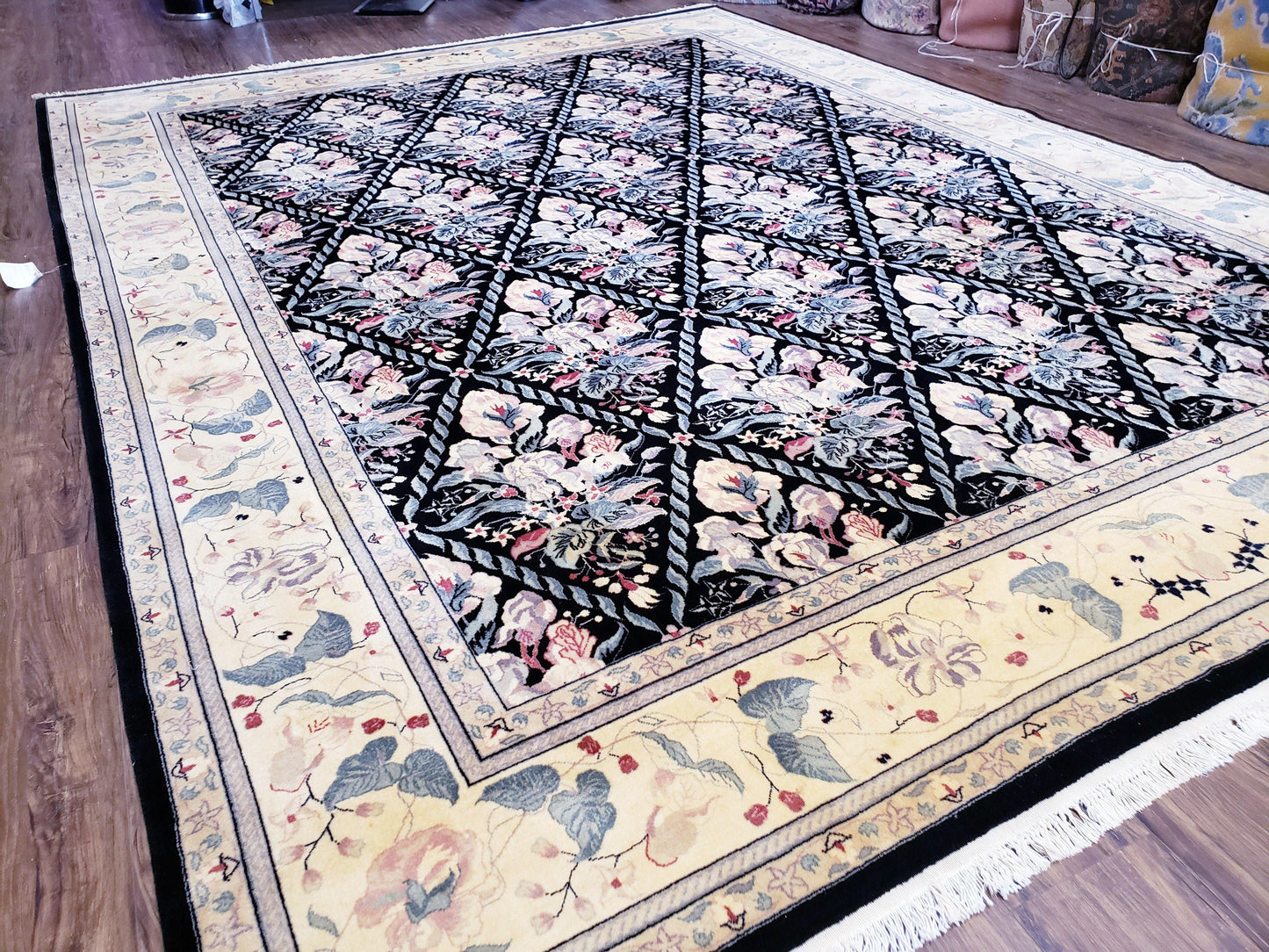 Black Kirman Rug Wool Handmade Floral Oriental Carpet 8x11 Room Size