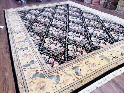 Black Kirman Rug Wool Handmade Floral Oriental Carpet 8x11 Room Size