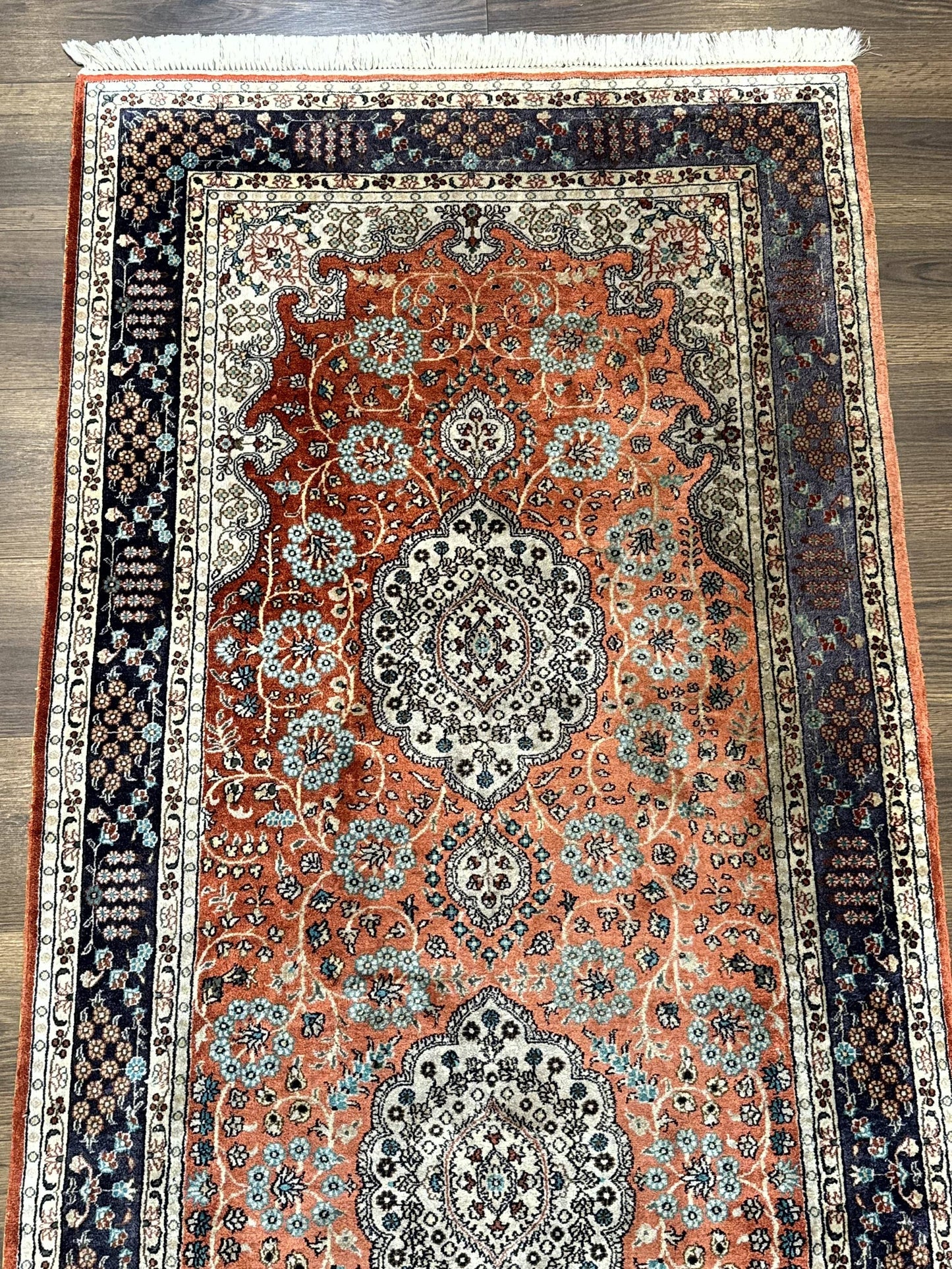 Turkish Silk Runner Rug 3x8 Hand Knotted Red Floral Medallions Vintage Kayseri