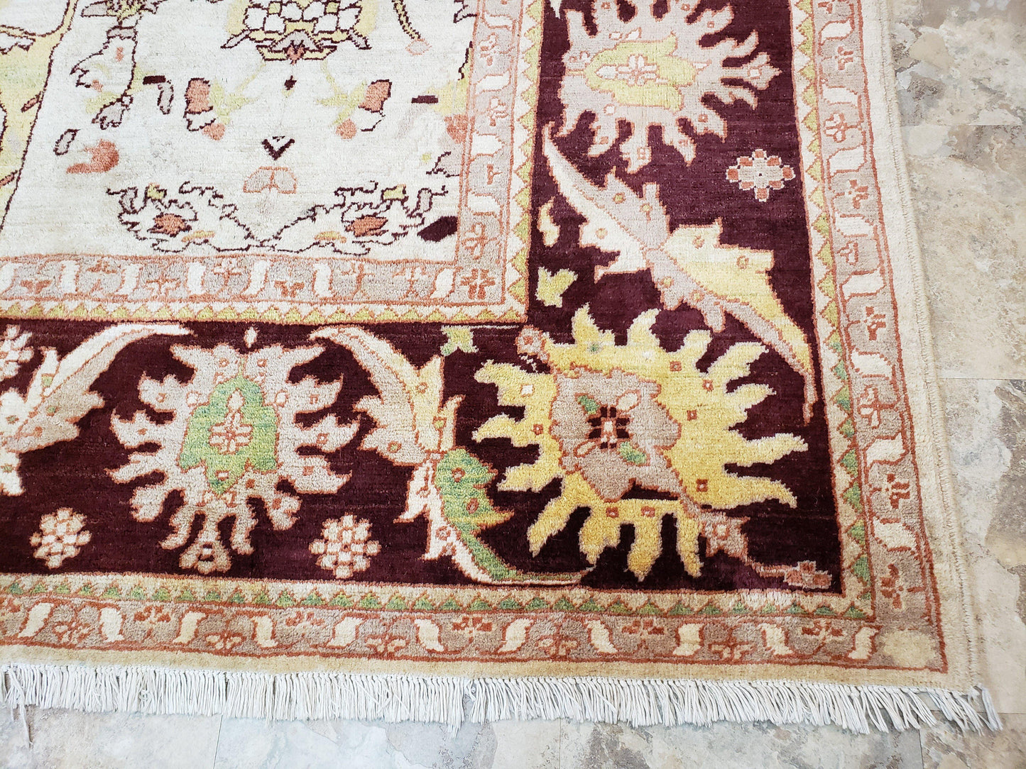 Peshawar Rug Hand Knotted Handmade Wool Oushak Style 10x15 Beige and Maroon Living Room Rug