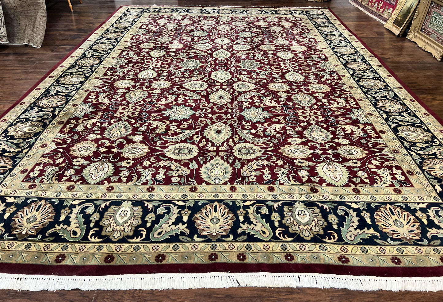 Indo Persian Rug 10x14 Hand Knotted Wool Floral Allover Vintage Handmade Carpet