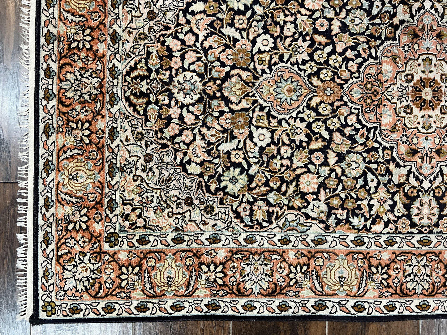 Kashmiri Silk Rug 3x5 Navy Blue Handmade Floral Medallion Indo Persian Silk