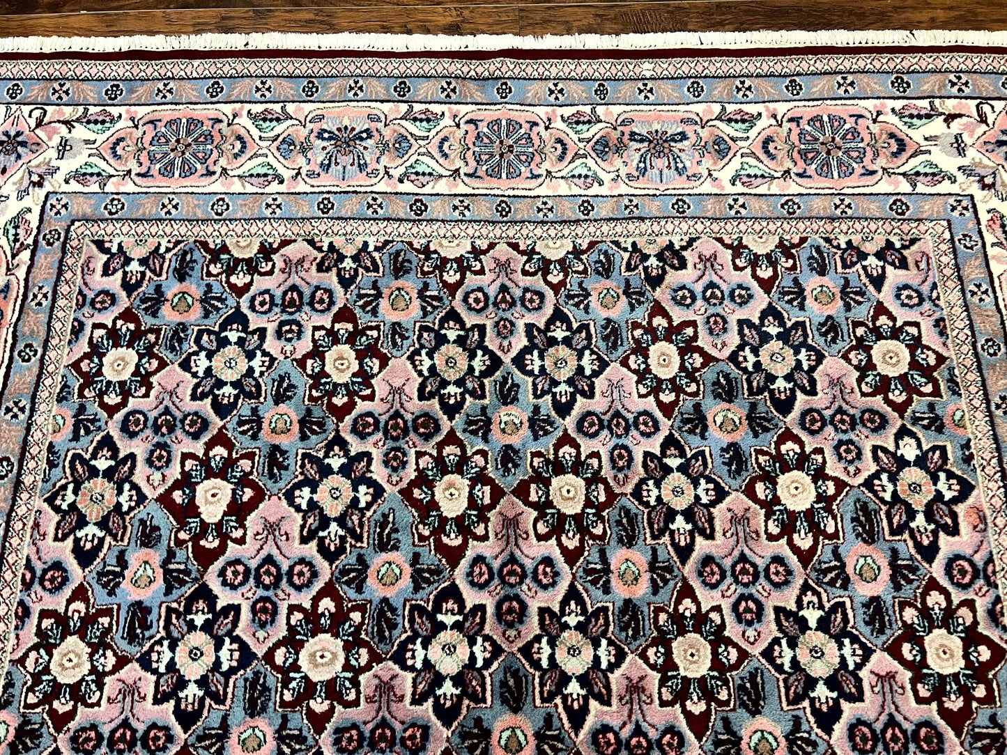 Indo Persian Rug 8x10 Handmade Vintage Wool Floral Allover Pattern Navy Ivory