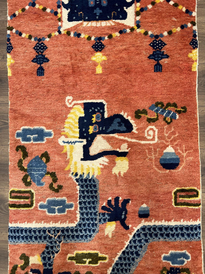 Ningxia Pillar Rug Hand Knotted Wool Carpet Five Clawed Dragon Border Late Qing Dynasty 3x8 Collectible