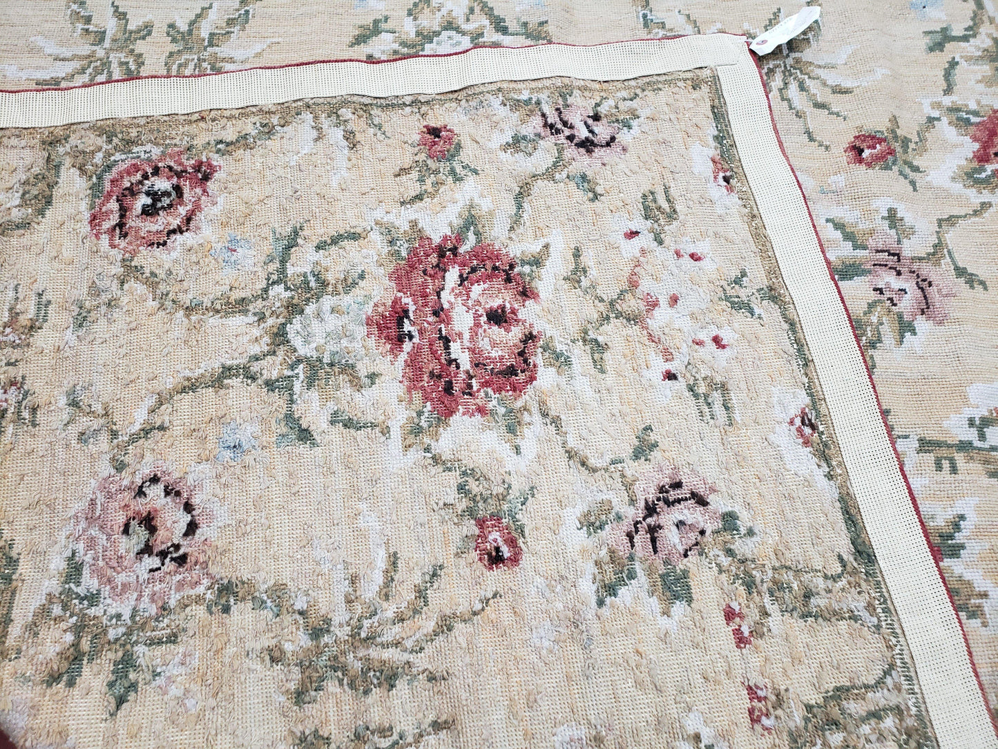 Needlepoint Rug 10x14 Wool Flatweave With English Floral Pattern In Pale Yellow Roses Handmade