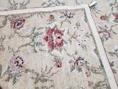 Needlepoint Rug 10x14 Wool Flatweave With English Floral Pattern In Pale Yellow Roses Handmade
