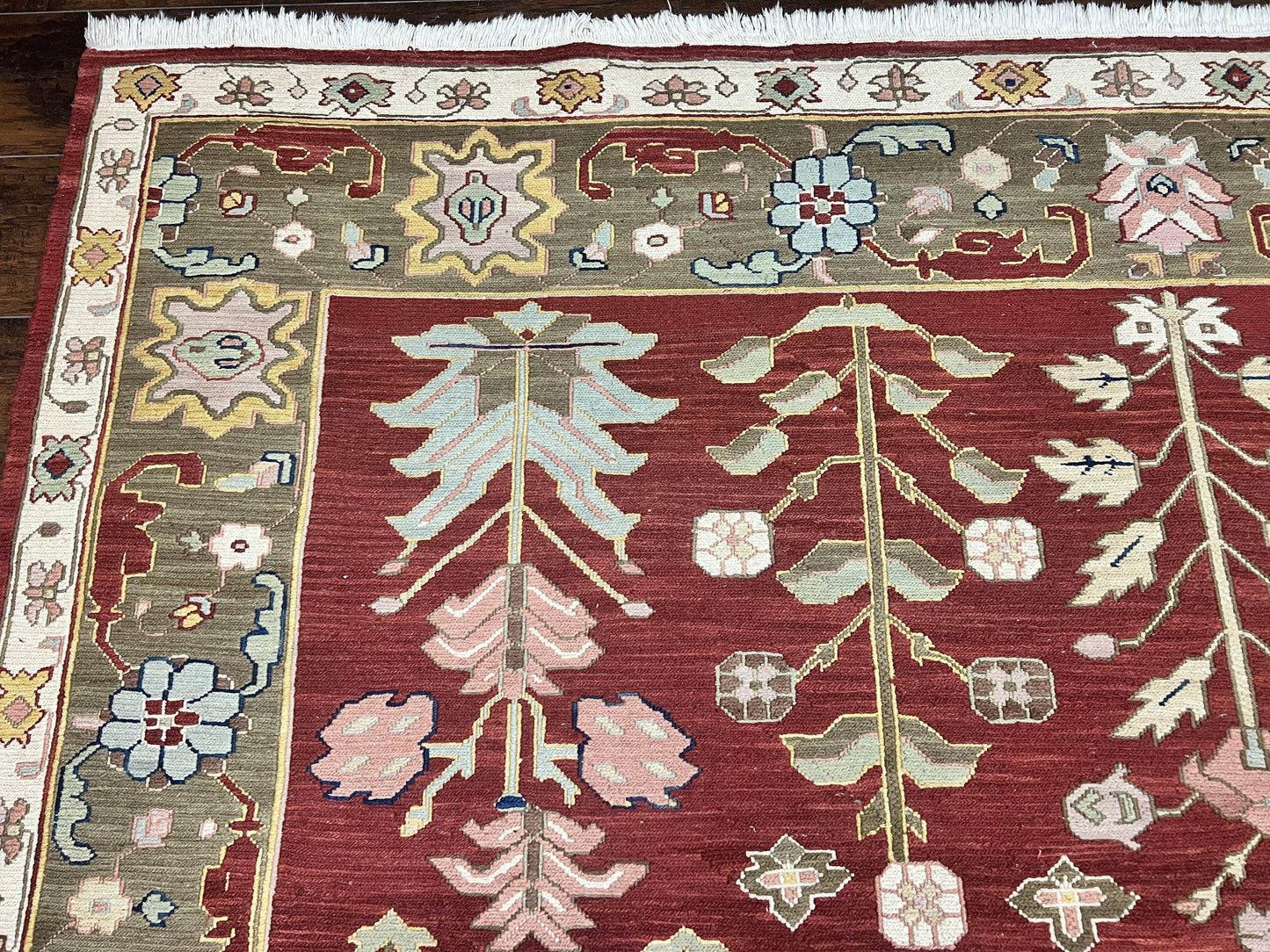 Wool Hand Knotted Indian Rug 10x14 Tree of Life Red Green Contemporary Carpet