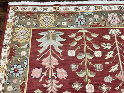 Wool Hand Knotted Indian Rug 10x14 Tree of Life Red Green Contemporary Carpet