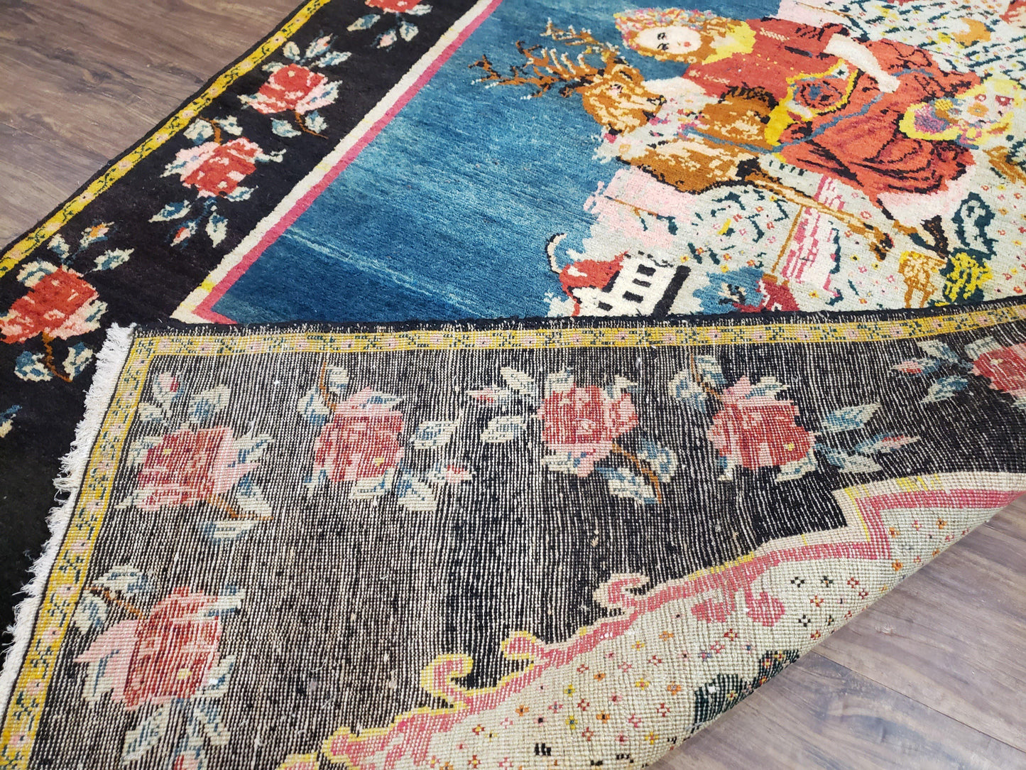 Antique Persian Pictorial Rug Hand Knotted Wool Carpet 4ft 6in By 9ft Blue Roses Caucasian