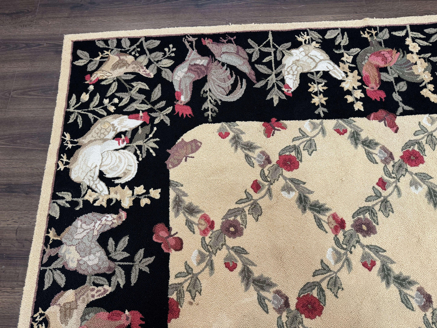 Vintage Hooked Rug 7x9 Rooster Border With Roses And Butterflies