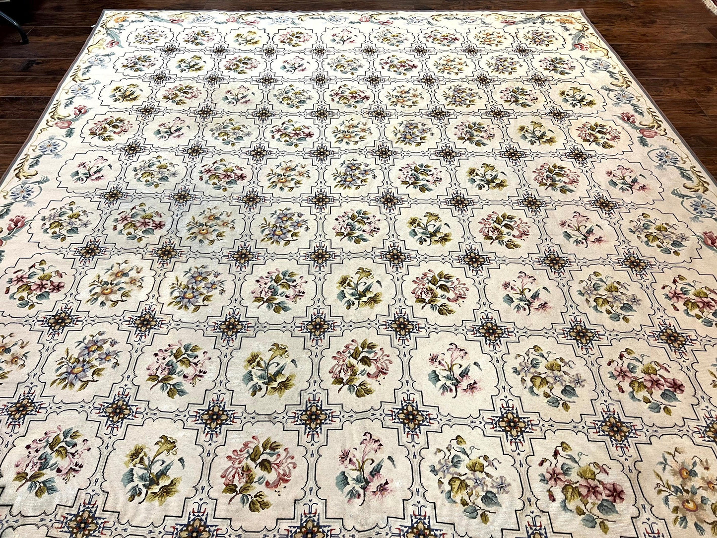 Needlepoint Rug 10x14 Wool Handmade Vintage Floral Panel Ivory Cream