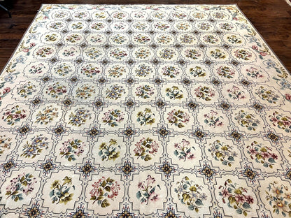 Needlepoint Rug 10x14 Wool Handmade Vintage Floral Panel Ivory Cream