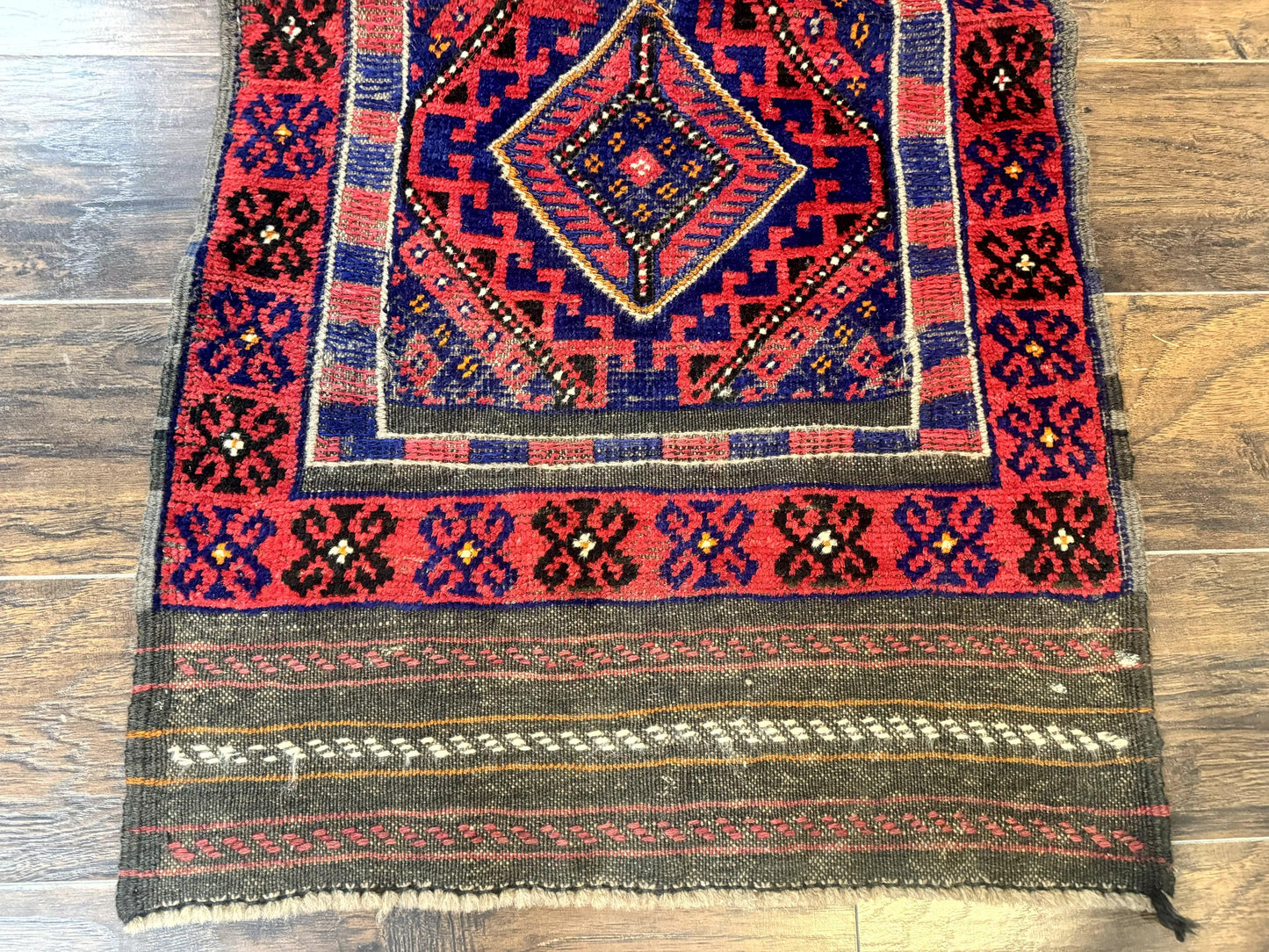 Turkoman Runner Rug 2x8.6 Handmade Wool Hallway Runner Vintage Red Blue