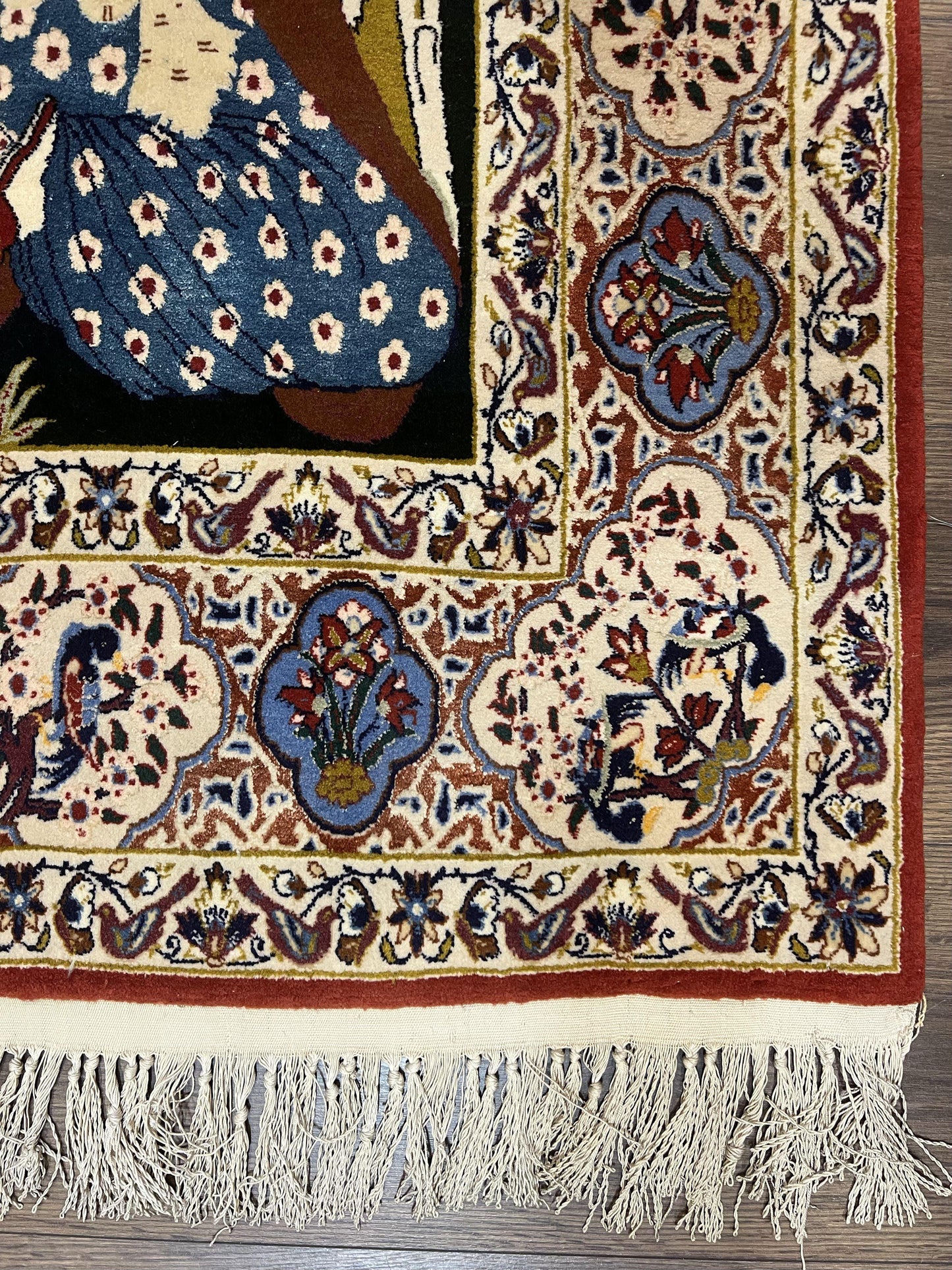 Persian Pictorial Rug Five By Four Feet Isfahan Kork Wool On Silk Foundation Master Weaver Signature Birds And Drums