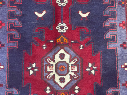 Persian Karajeh Runner Rug Navy Blue Geometric Medallions Handmade 3.6 x 9.5 Feet