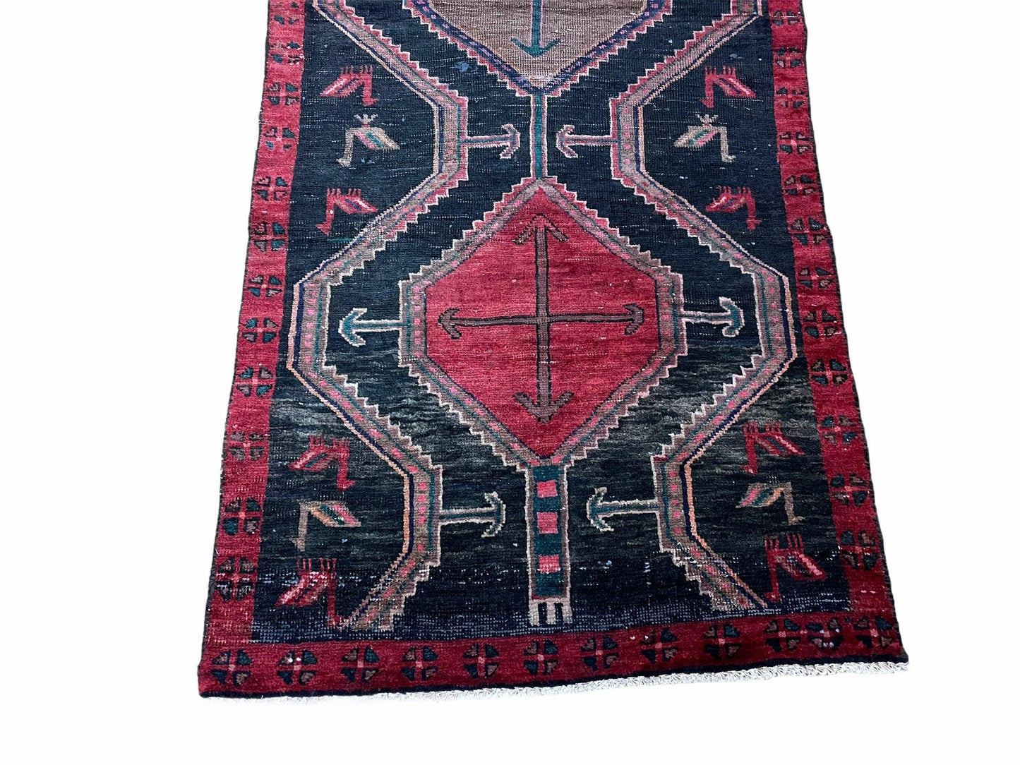 Handmade Wool Tribal Runner Rug 3X7 Geometric Boho Red Blue Organic Dyes