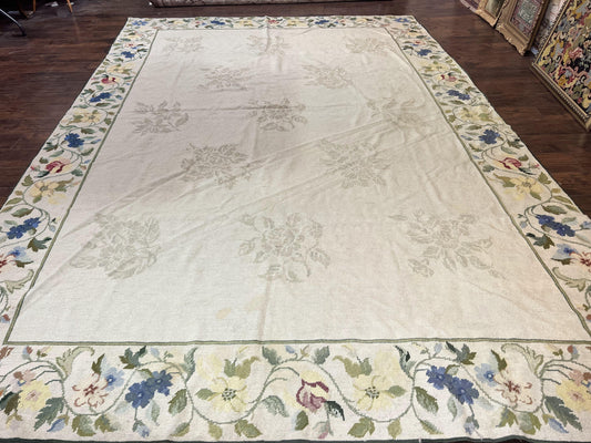 Spanish Needlepoint Rug 9x14 Floral European Design Handmade Wool Room Size Vintage