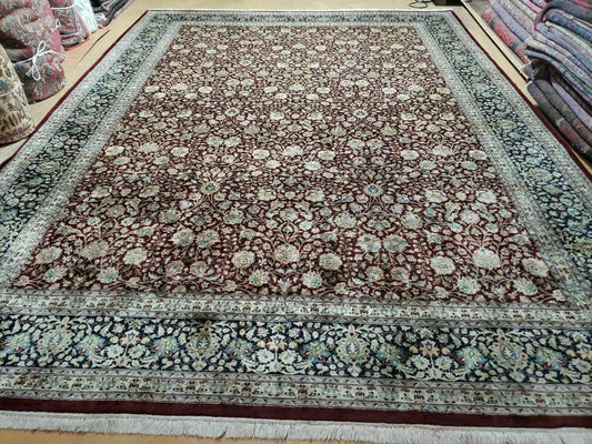 Handmade Sino Persian Rug 9x12 Floral Allover Tabriz Design Maroon And Navy