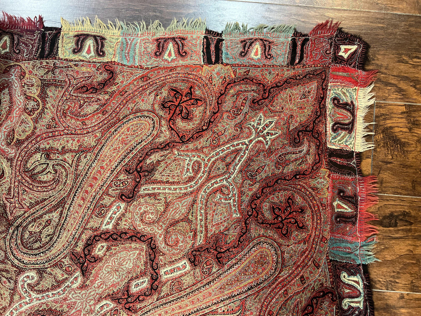 Antique Kashmiri Shawl Handwoven Wool Needlework Signed By Masterweaver Rare