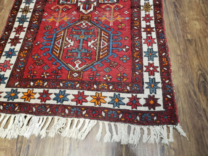 Antique Persian Heriz Karajeh Runner Rug Hand Knotted Wool Red 3 Ft 3 In By 10 Ft 11 In