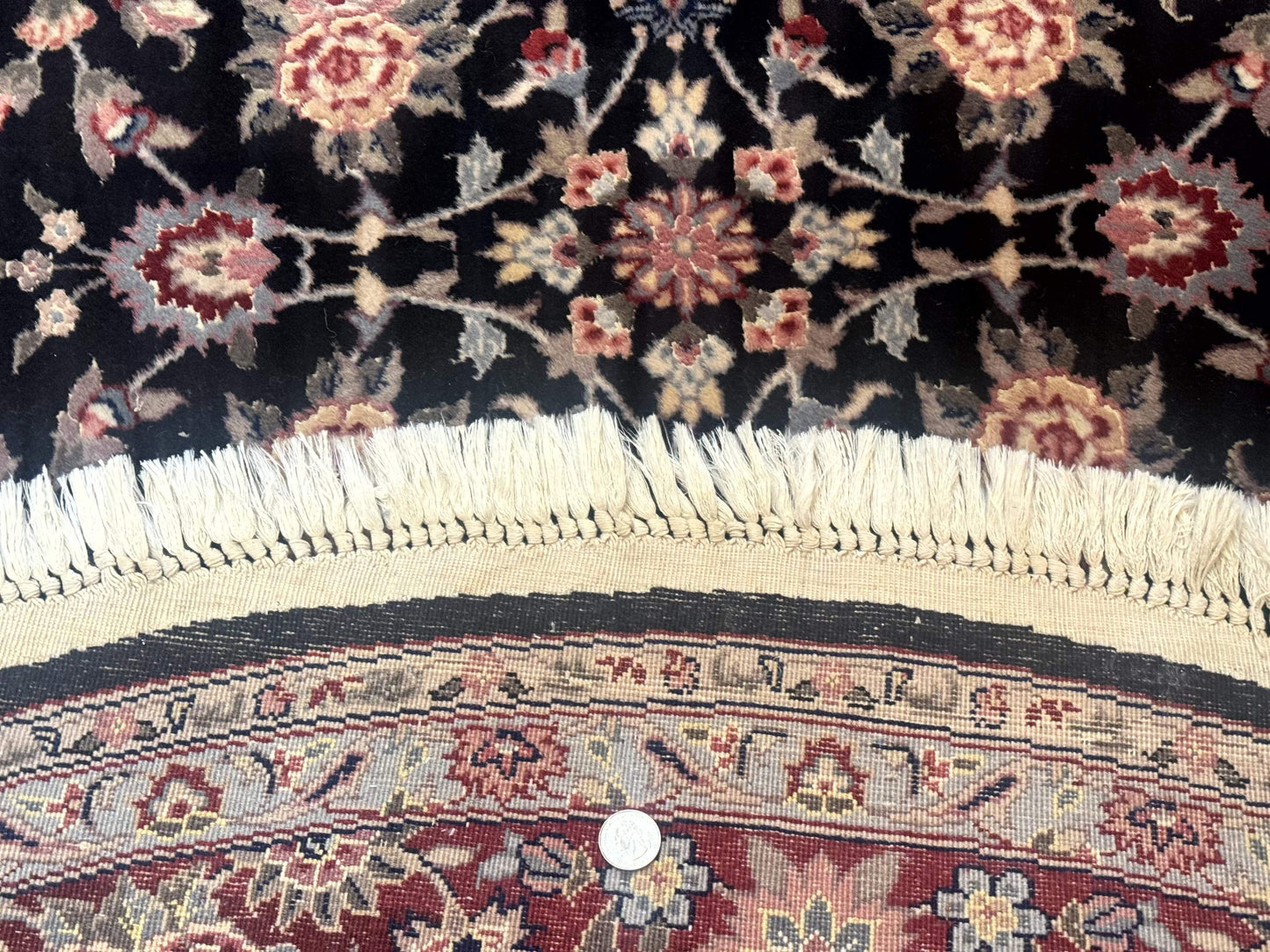 Round Sino Persian Rug 6x6 Floral Navy Blue Red Wool Silk Highlights