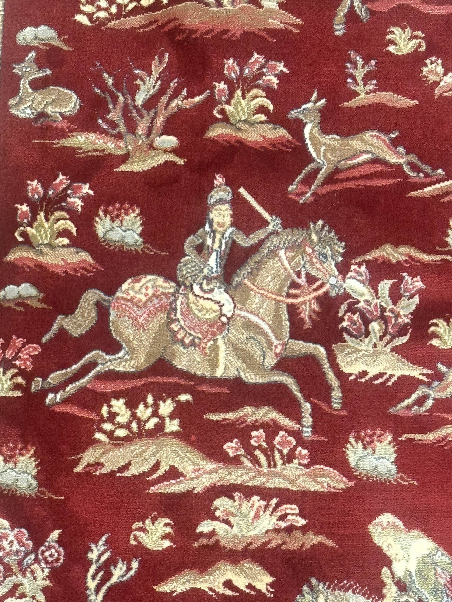 Turkish Silk Rug Runner 2.6 By 6.7 Red Ivory Hunting Design Bamboo Silk Contemporary