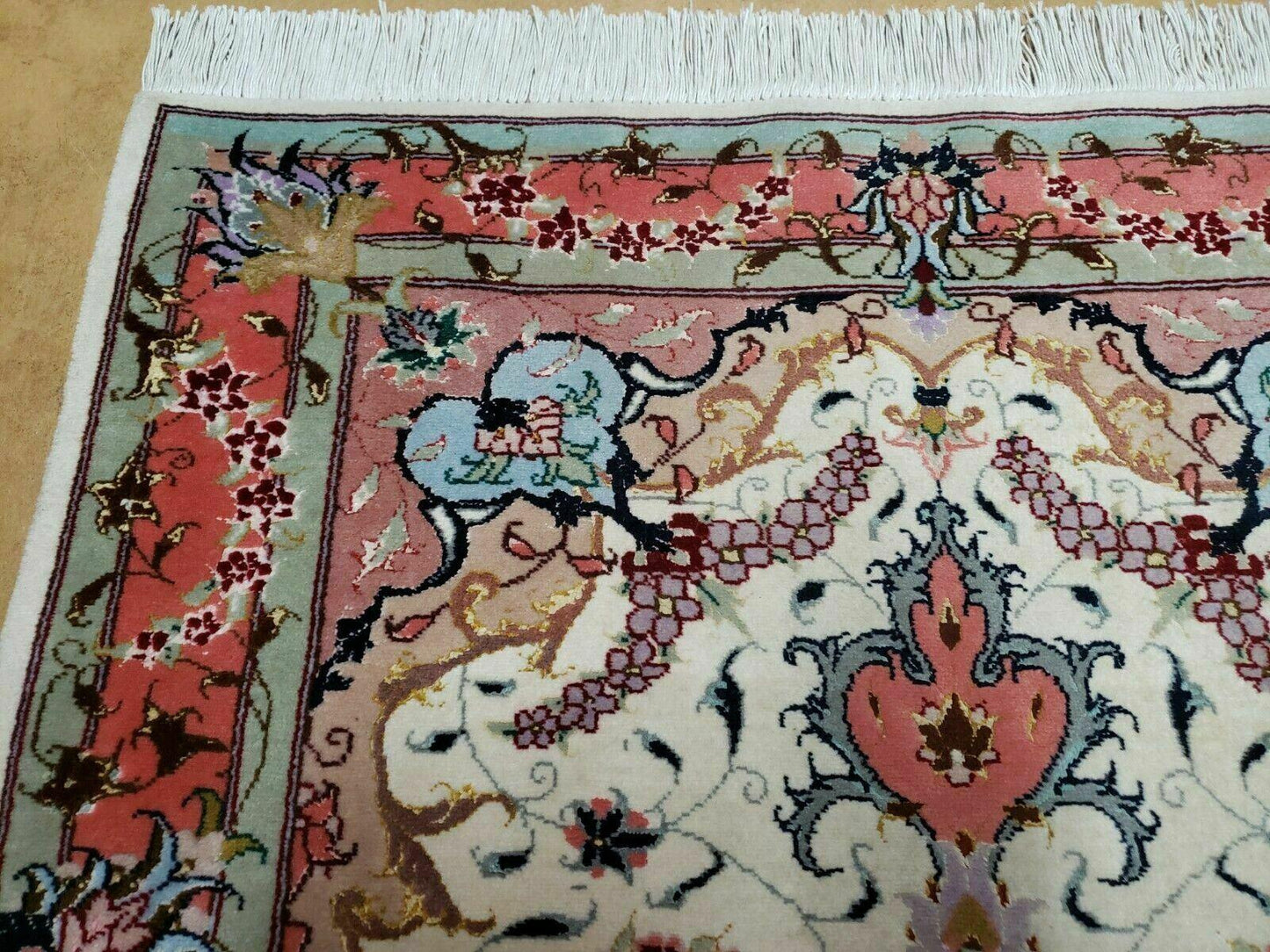Vintage Persian Tabriz Wool Silk Rug Hand Knotted Medallion Ivory Salmon Light Blue