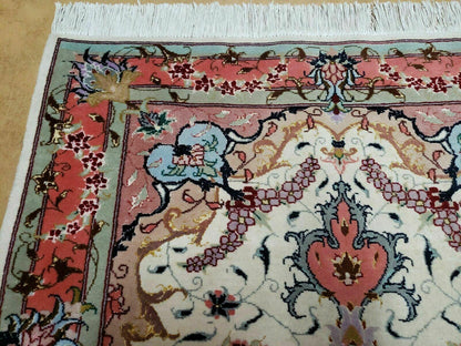 Vintage Persian Tabriz Wool Silk Rug Hand Knotted Medallion Ivory Salmon Light Blue