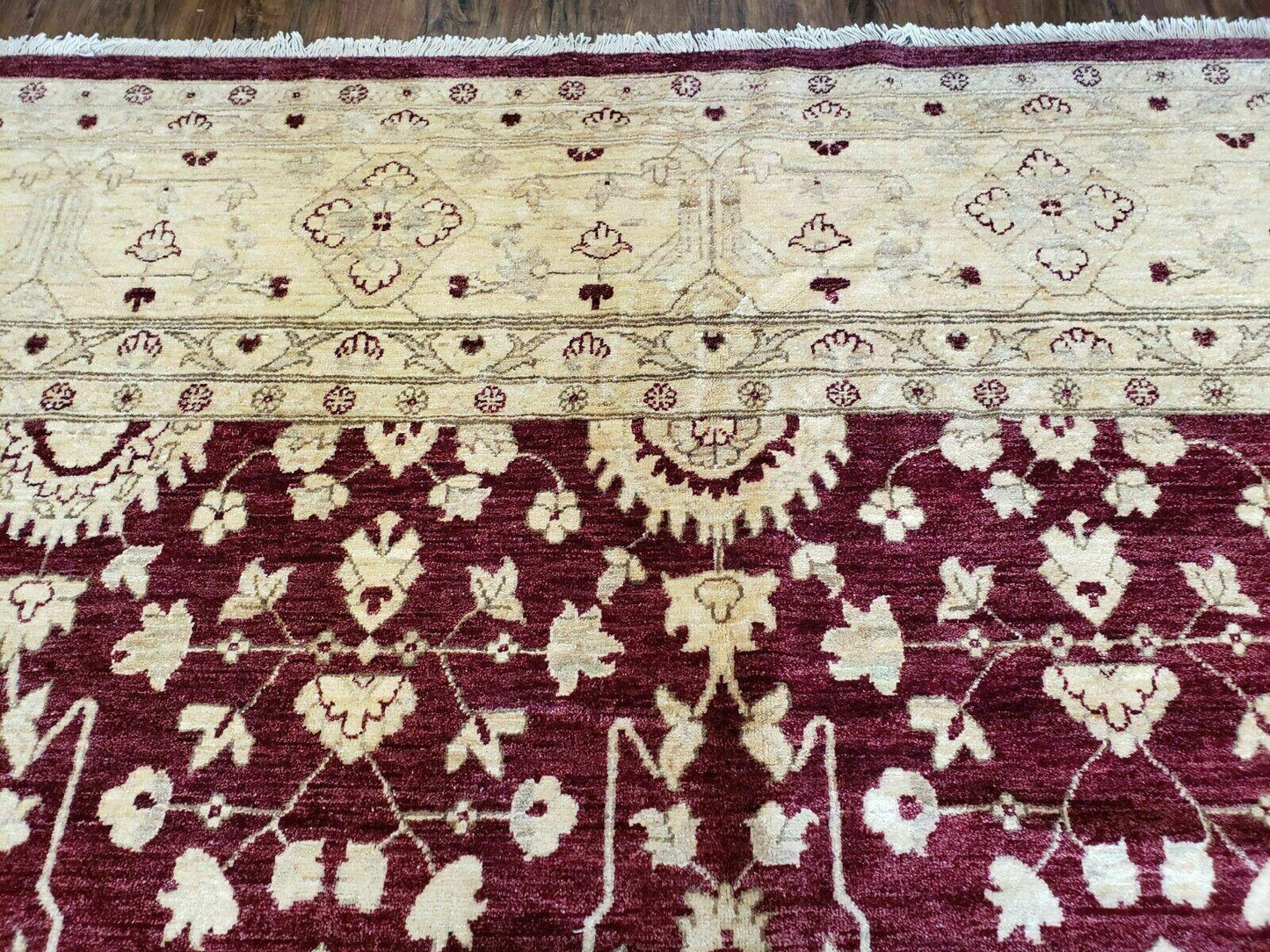 Peshawar Rug Pakistani Handmade Floral Carpet 9ft10in X 14ft1in Maroon Beige