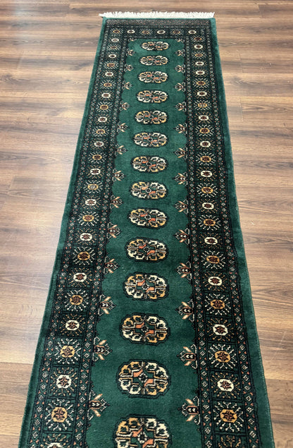 Pakistani Bokhara Runner Rug 2.5x11 Green Wool Hand Knotted Hallway Rug