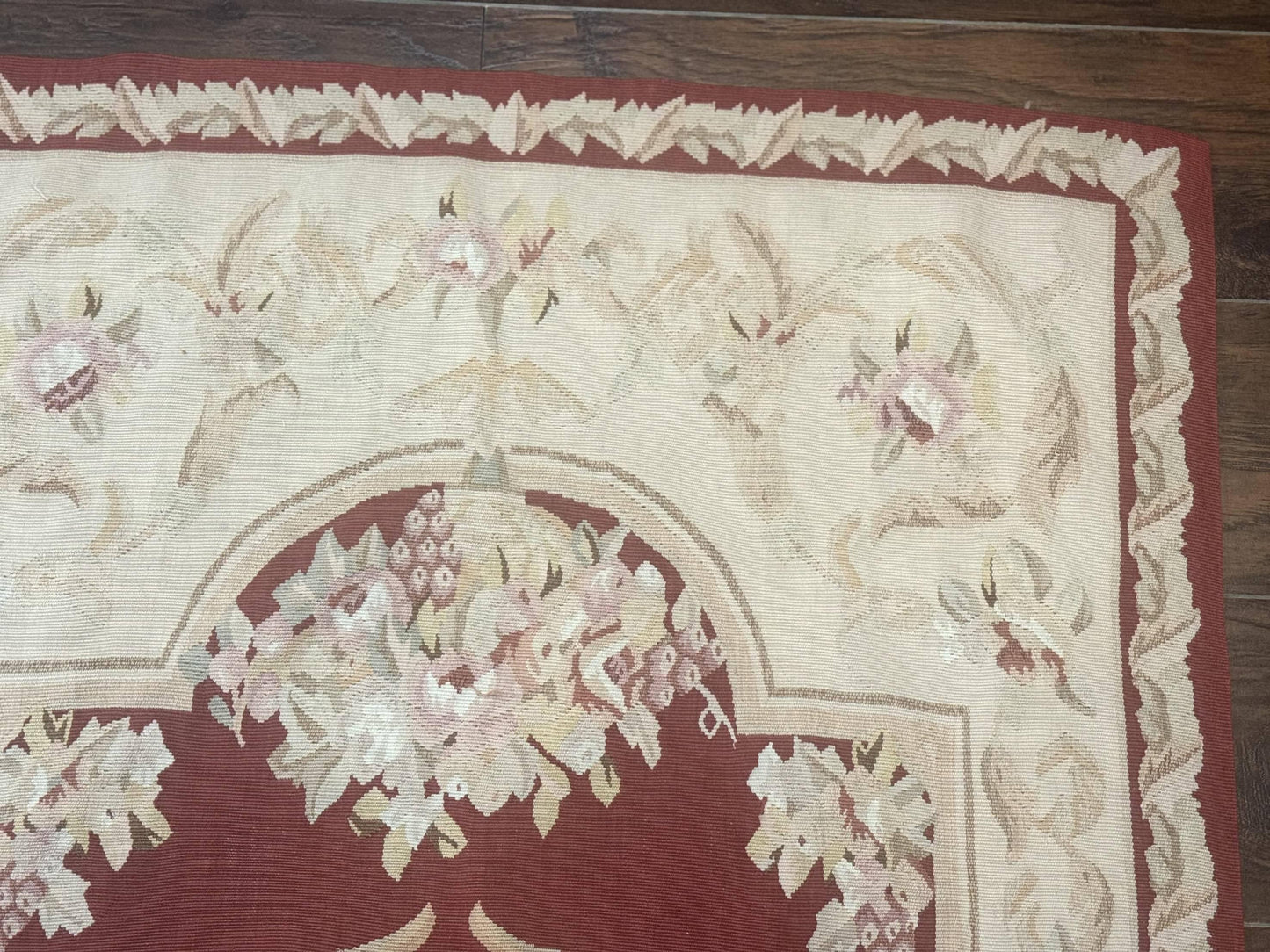 Aubusson Runner Rug 3x10 Handmade Wool European Design in Red and Beige