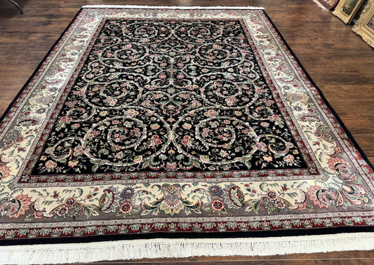 Black Pak Persian Rug 8x11 Hand Knotted Wool Silk Highlights Floral Vintage 200 KPSI
