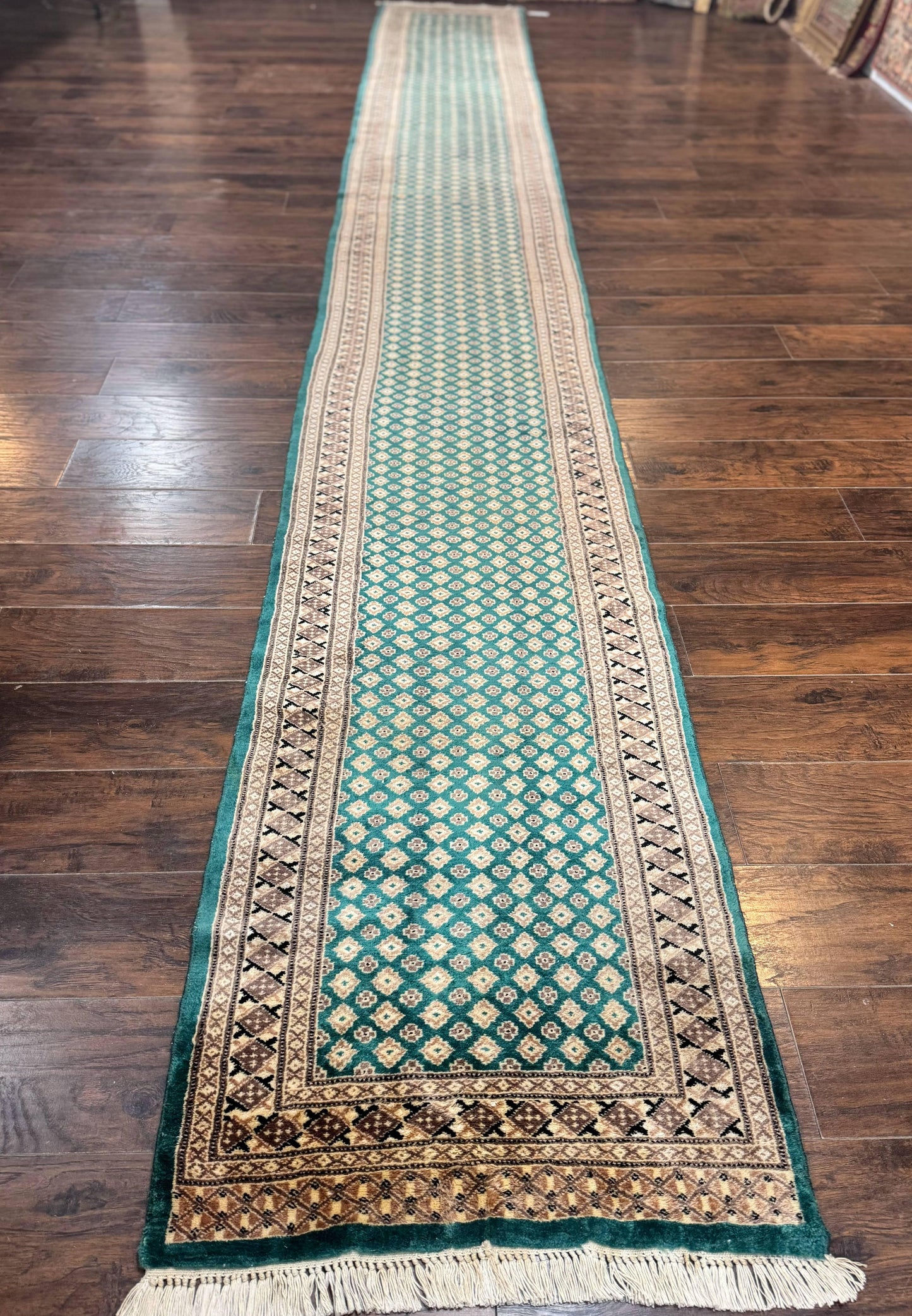 Pakistani Runner Rug 2.8 X 20 Hand Knotted Vintage Wool Turkoman Teal Tan