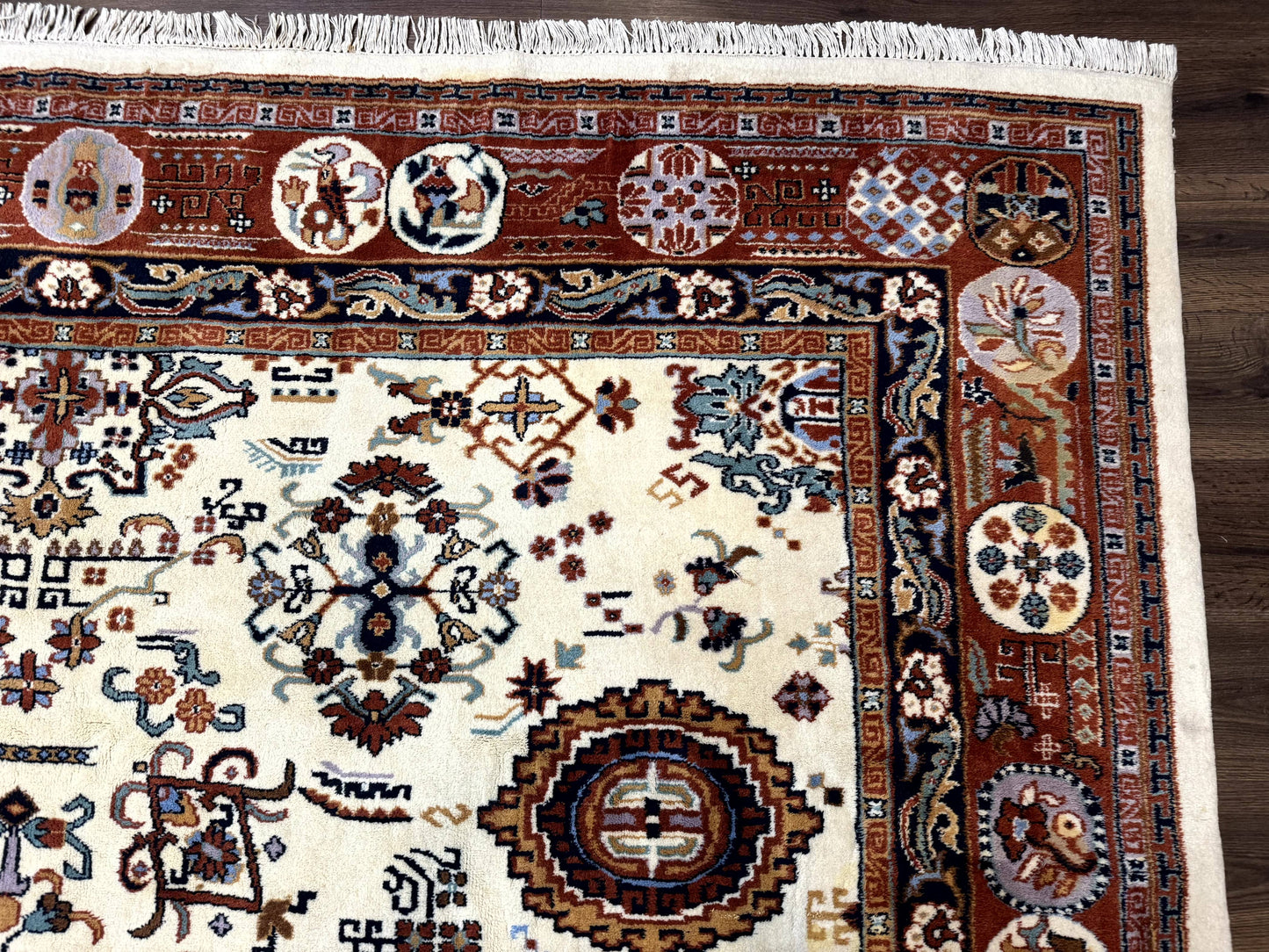 Indo Chinese Wool Rug 9x12 Ivory And Rust Red Dragon Motifs Hand Knotted