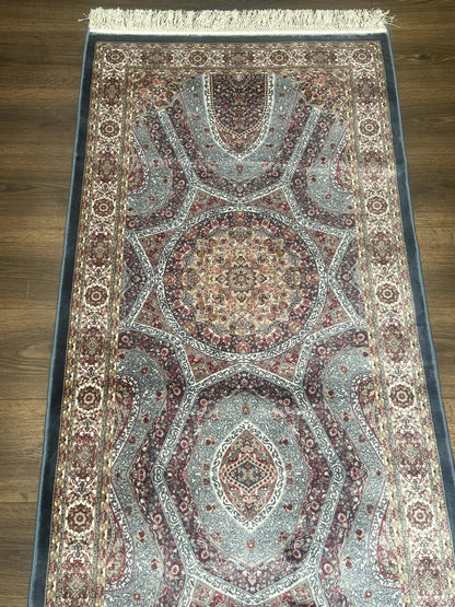 Turkish Silk Runner Rug 2.6 By 10 Feet Bamboo Silk Hereke Contemporary Light Blue