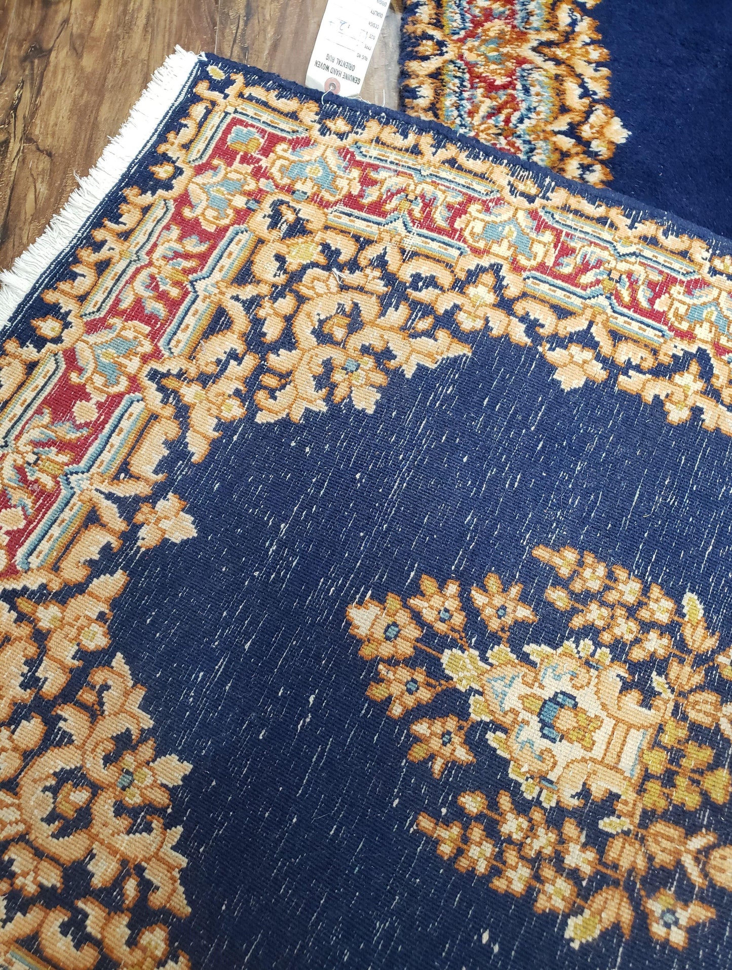 Semi Antique Dark Blue Persian Kerman Runner Hand Knotted Wool Open Field Medallion