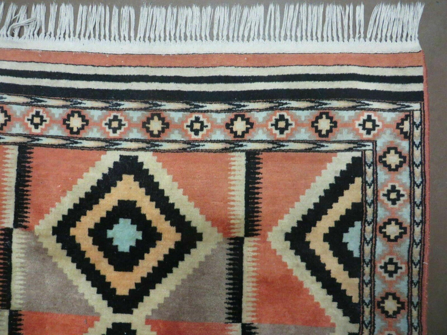 Vintage Turkish Oushak Wool Rug 4x6 Diamond Pattern Handmade Mehrab Red