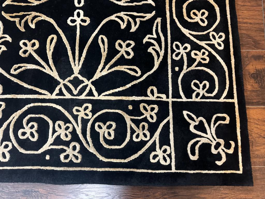 Tibetan Rug 8x10 Wool Silk Handmade With Raised Pattern Black And Gold Floral