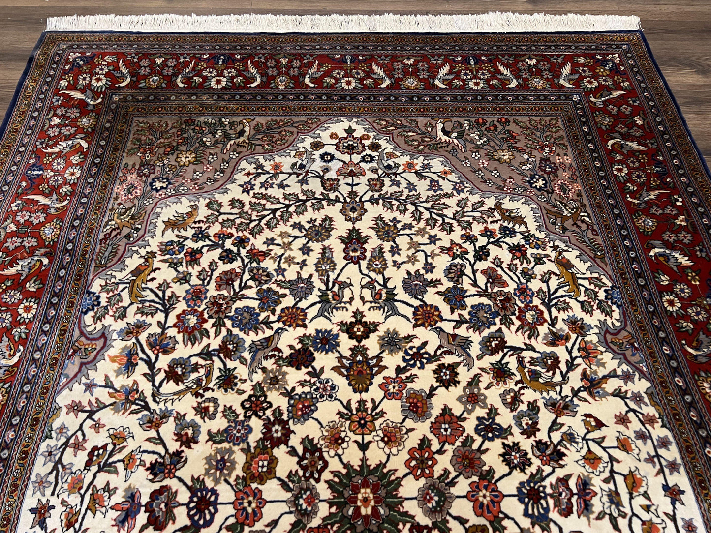 Sino Persian Rug Hand Knotted 7x10 Circle Of Life Tree Of Life Birds Cream Red Navy Blue Taupe Wool Silk Accents Vintage