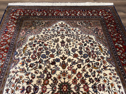 Sino Persian Rug Hand Knotted 7x10 Circle Of Life Tree Of Life Birds Cream Red Navy Blue Taupe Wool Silk Accents Vintage