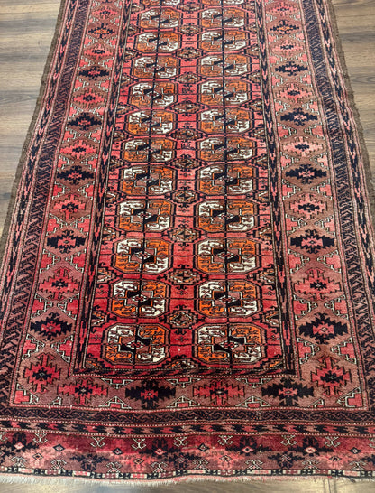 Antique Turkoman Rug Hand Knotted Wool Runner Red 3.7 By 6.7 Feet Home Decor
