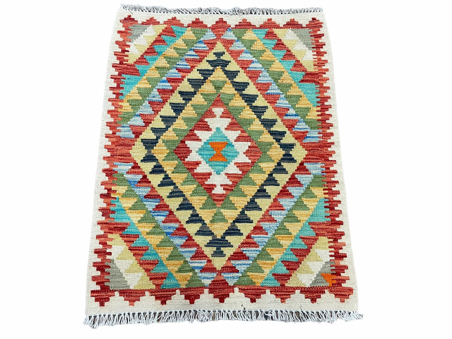 Turkish Kilim Rug 2x3 Colorful Handwoven Wool Accent Rug Chobi Diamond Zigzag