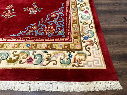 Indo Chinese Wool Rug 9x12 Vintage Red Art Deco Hand Knotted