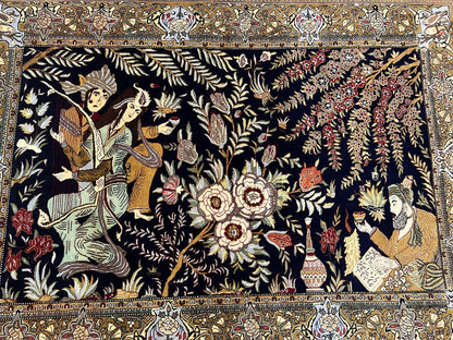 Persian Qum Pictorial Rug With Layla Majnun Birds In Garden Scene 4.8 By 6.5