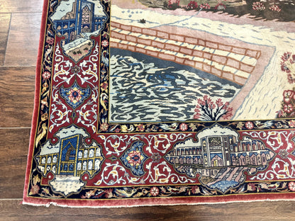 Persian Isfahan Pictorial Rug Hand Knotted 3.6x5.7 Wool Silk Highlights Signed By Masterweaver Handmade